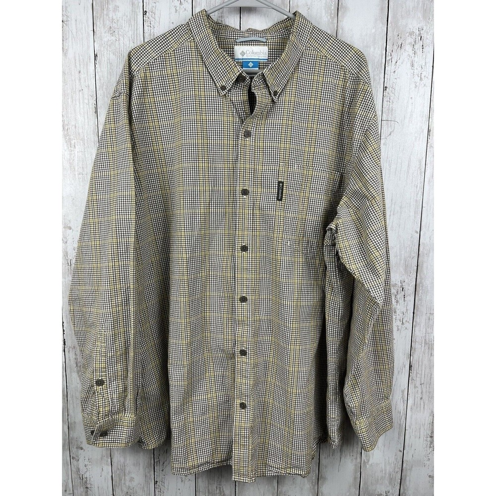 Columbia PFG Flannel Button Up Shirt Men's Size XXL Yellow Brown Plaid Long Slee
